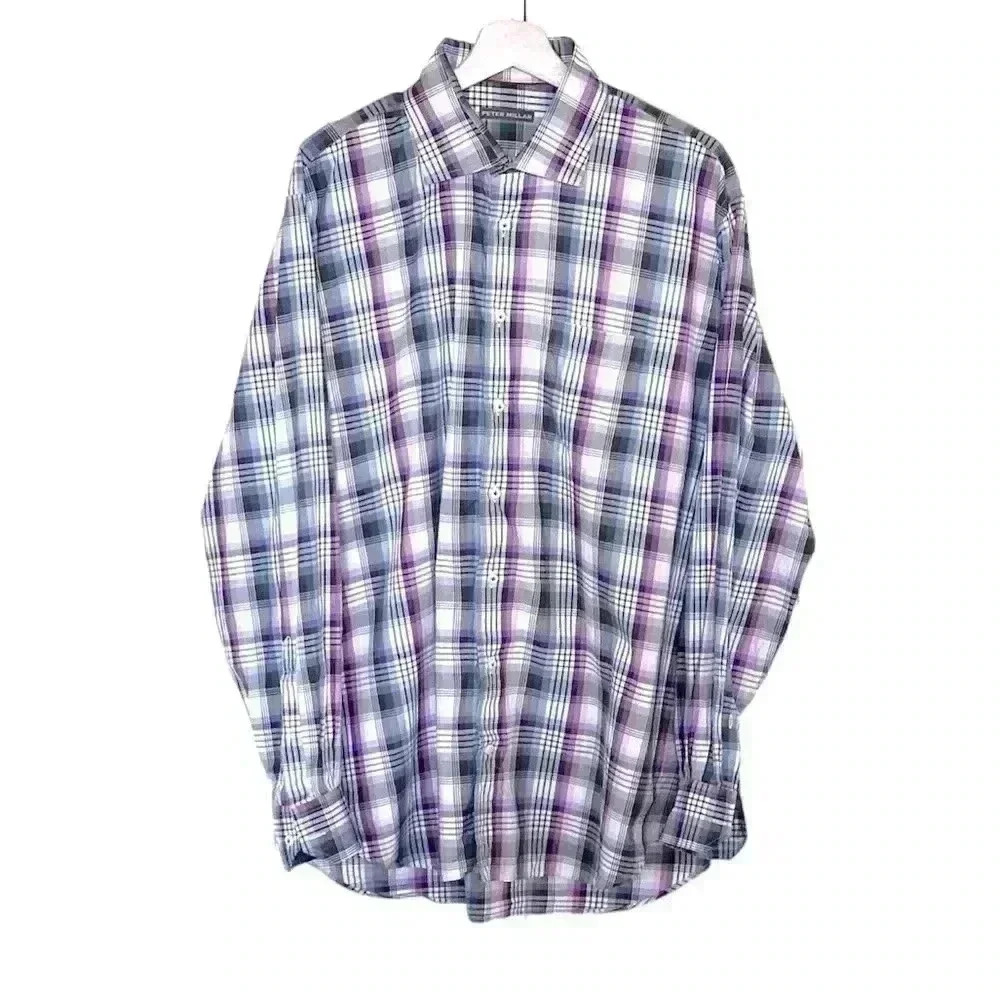 Peter Millar Purple Plaid 100% Cotton Button Down Shirt | Purple | SZ XL